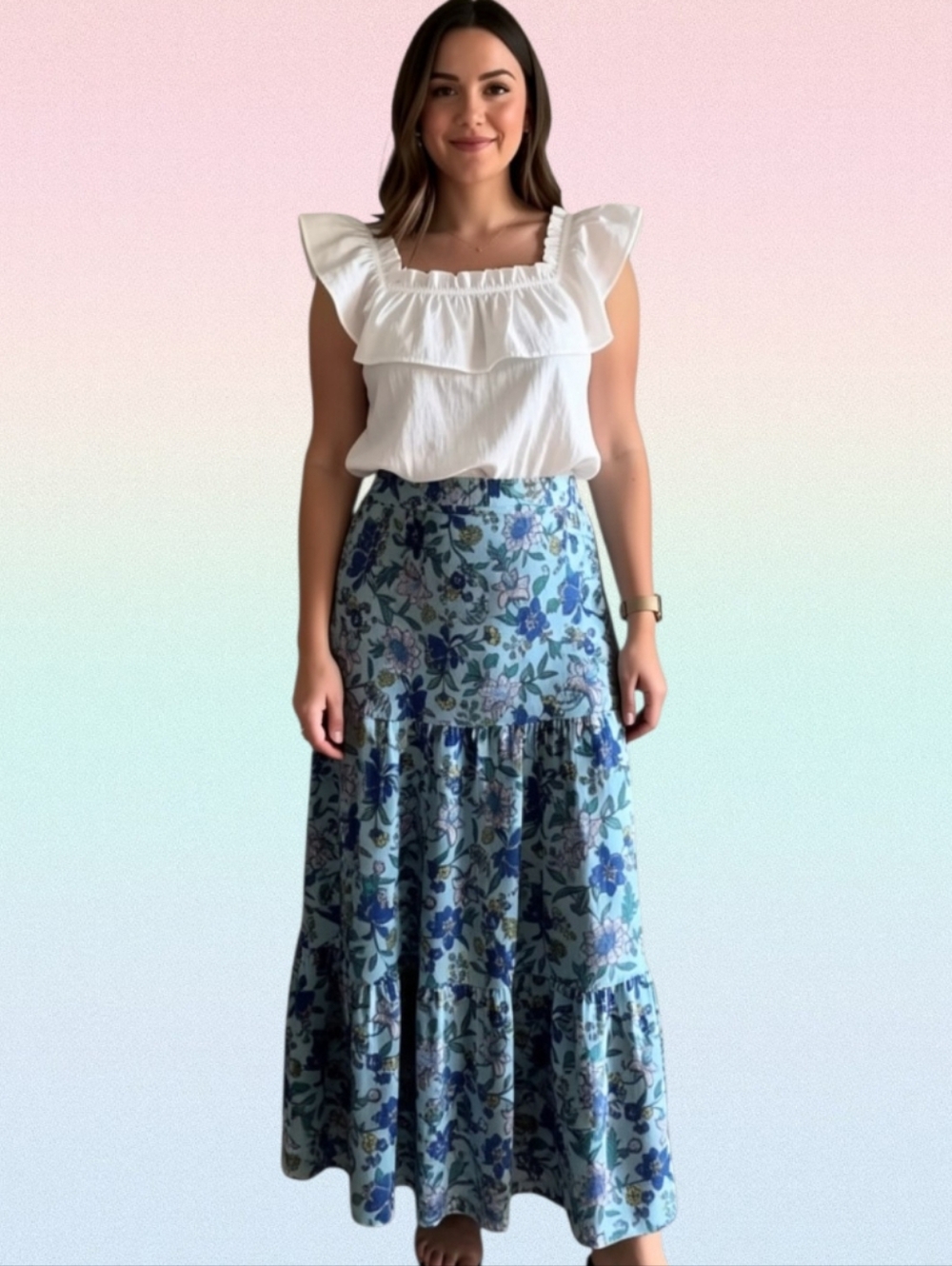 L🍀Blue Floral Tiered Maxi Skirt - Picture 2 of 8